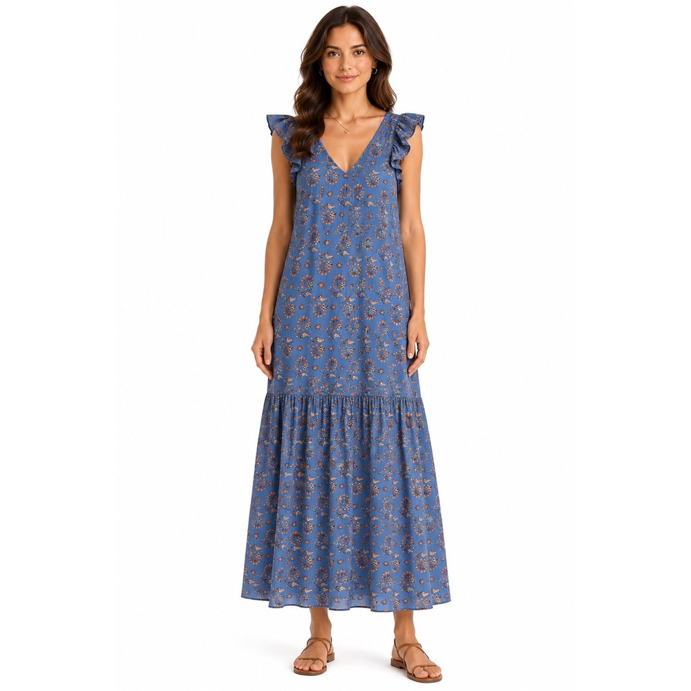 Mango Organic Cotton Tiered Maxi Dress Women 6 Floral Blue Ruffled Cottage Boho